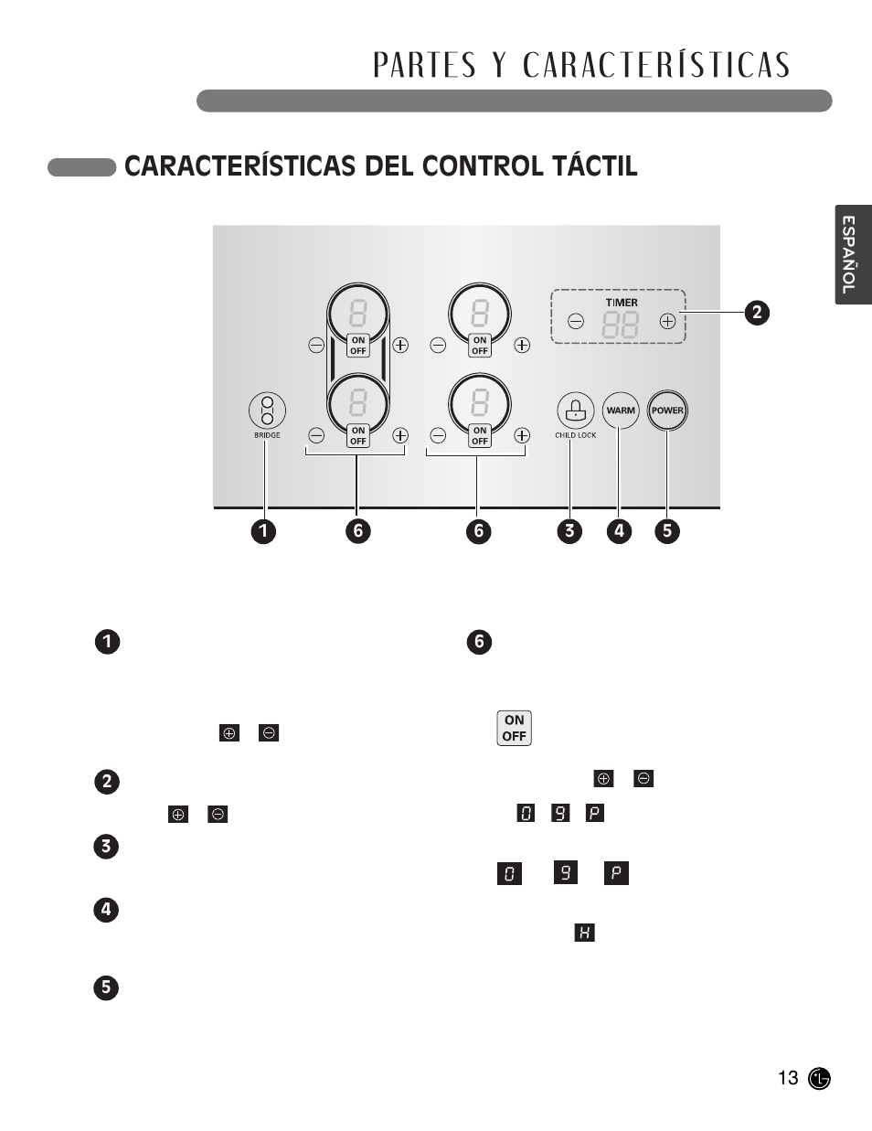 Características del control táctil | LG LCE30845 User Manual | Page 43 / 92