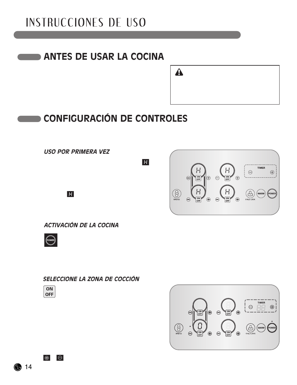Instrucciones de uso, Antes de usar la cocina, Configuración de controles | Precaución | LG LCE30845 User Manual | Page 44 / 92