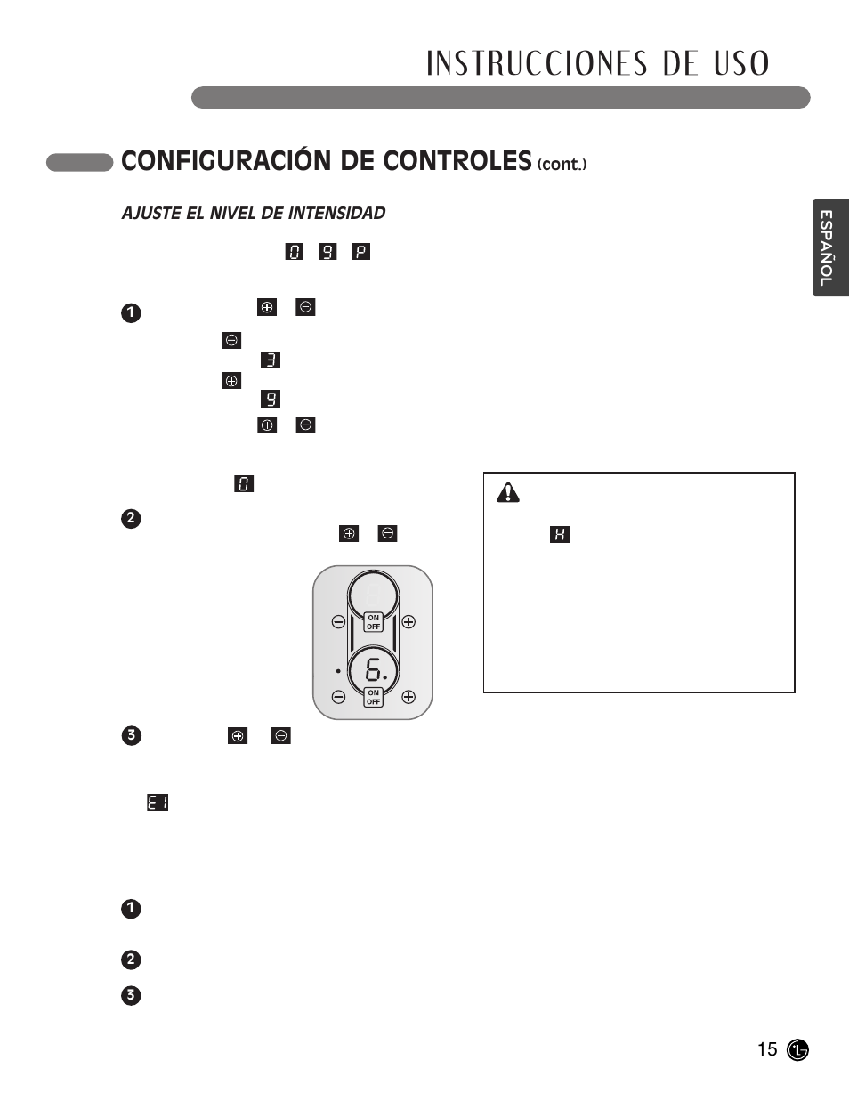 Instrucciones de uso, Configuración de controles, Advertencia | LG LCE30845 User Manual | Page 45 / 92