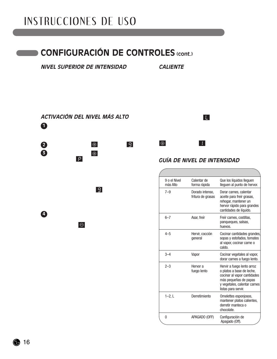 Instrucciones de uso, Configuración de controles | LG LCE30845 User Manual | Page 46 / 92