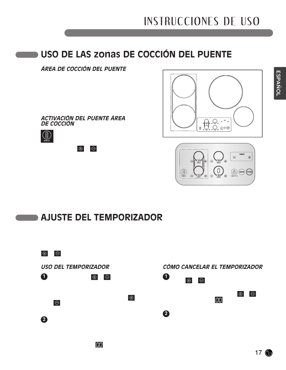 Instrucciones de uso, Uso de las zonas de cocción del puente, Ajuste del temporizador | LG LCE30845 User Manual | Page 47 / 92