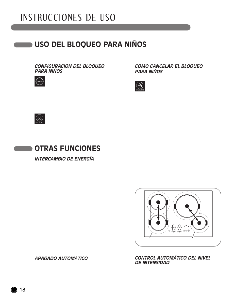 Instrucciones de uso, Uso del bloqueo para niños, Otras funciones | LG LCE30845 User Manual | Page 48 / 92