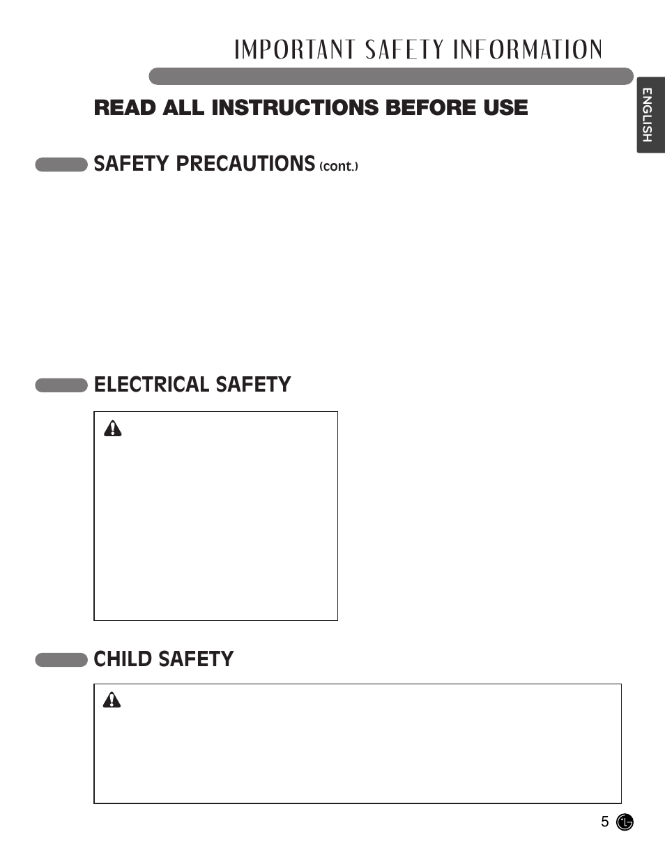 Important safety information, Read all instructions before use, Electrical safety | Safety precautions, Child safety, Warning | LG LCE30845 User Manual | Page 5 / 92