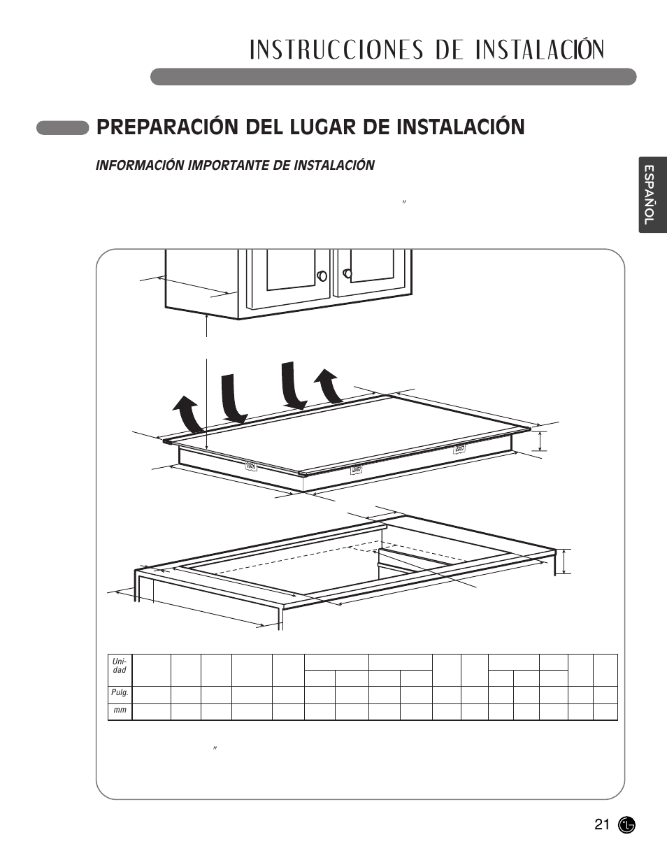 Instrucciones de instalación, Preparación del lugar de instalación, Información importante de instalación | Español | LG LCE30845 User Manual | Page 51 / 92