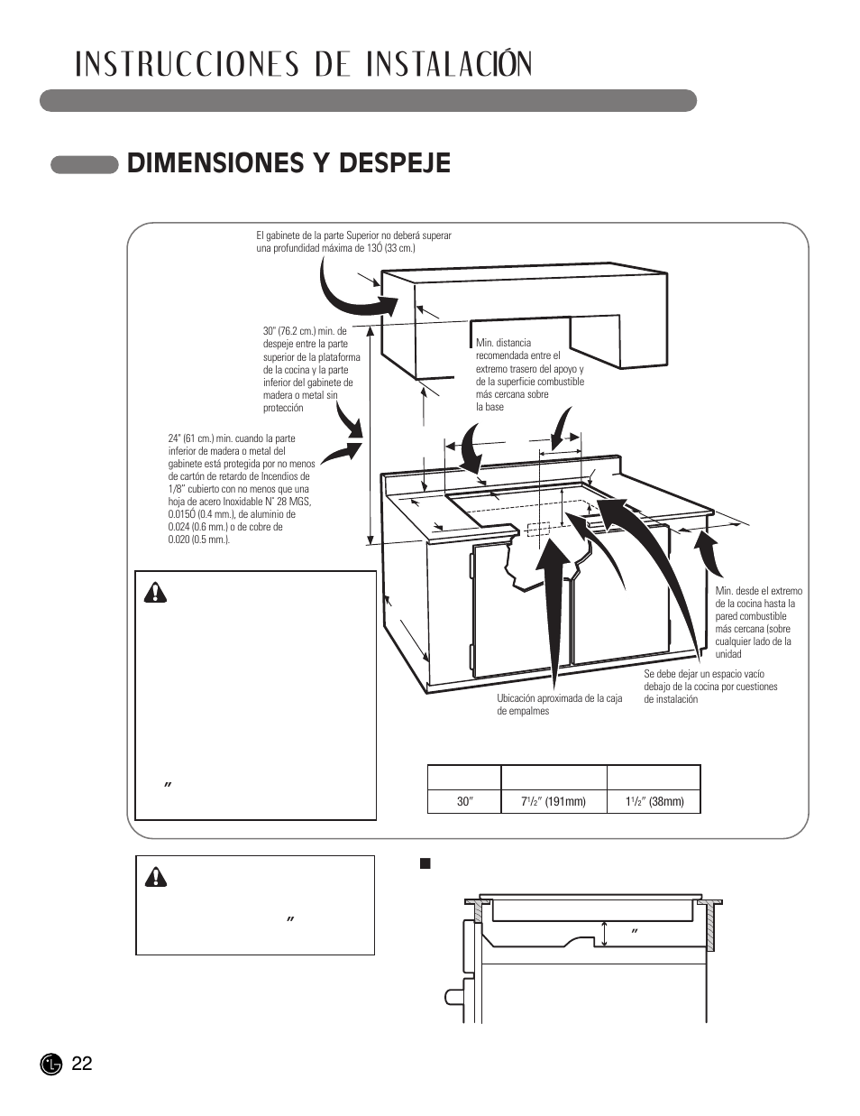 Instrucciones de instalación, Dimensiones y despeje, Precaución | LG LCE30845 User Manual | Page 52 / 92