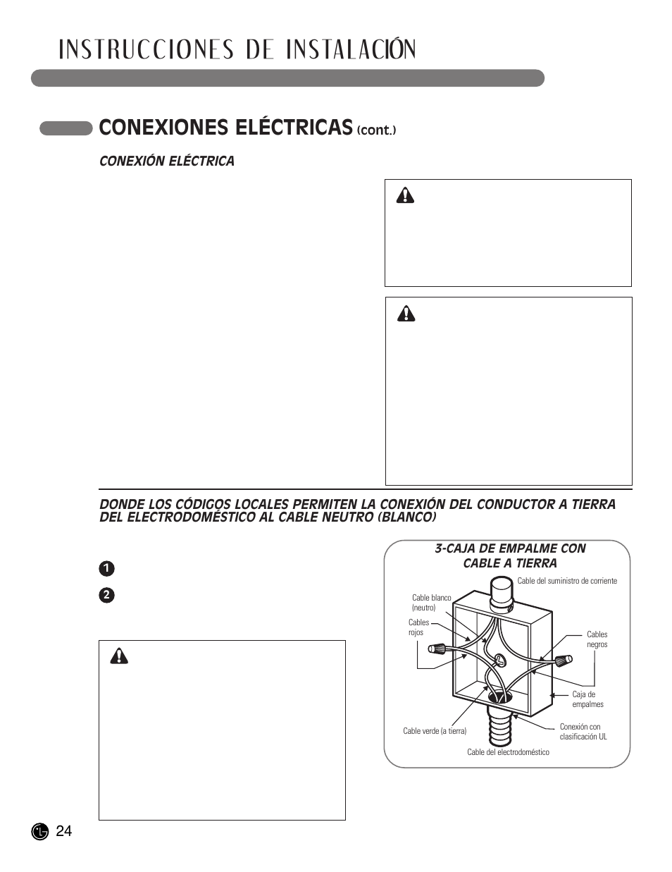 Instrucciones de instalación, Conexiones eléctricas, Advertencia | LG LCE30845 User Manual | Page 54 / 92