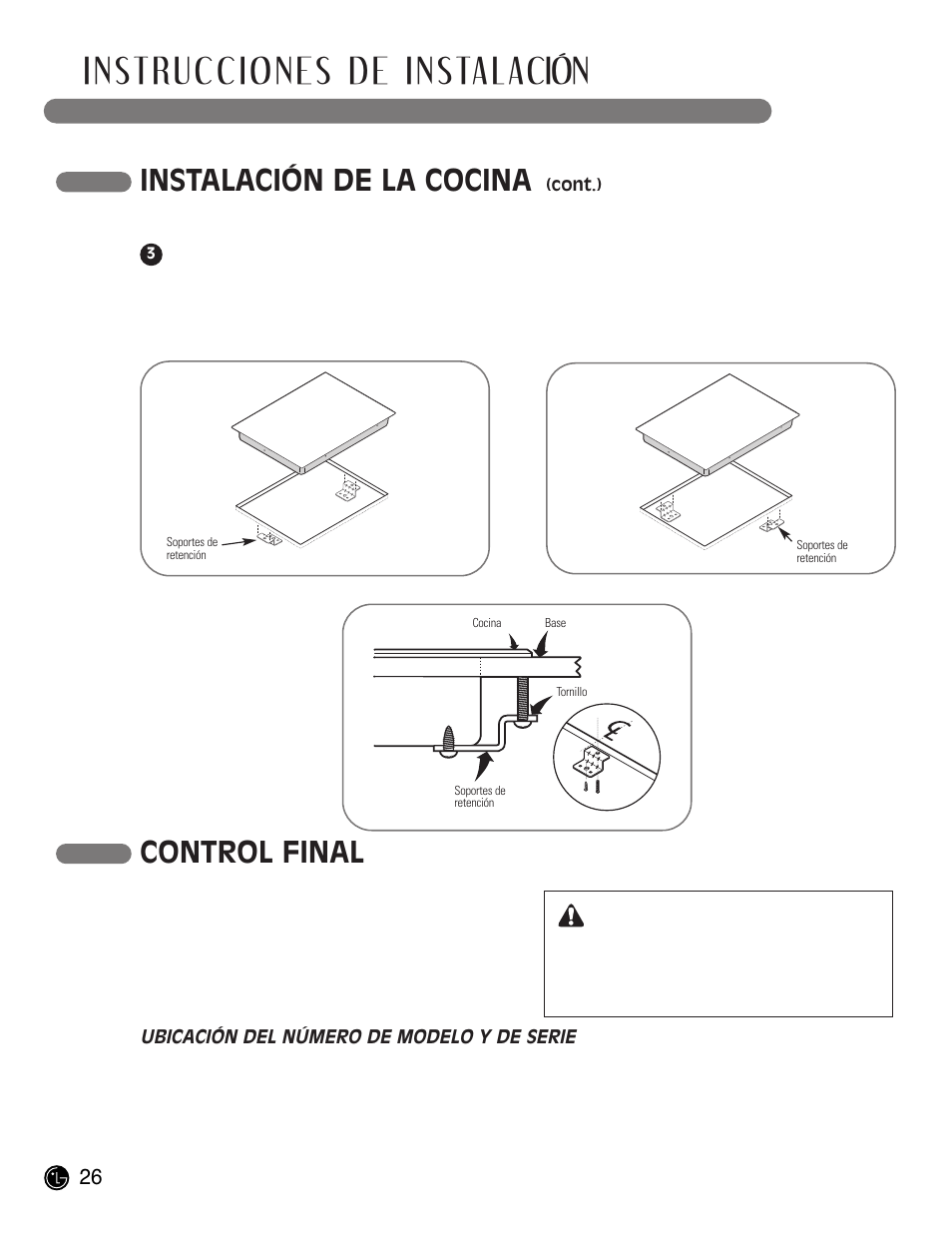 Instrucciones de instalación, Instalación de la cocina, Control final | Precaución | LG LCE30845 User Manual | Page 56 / 92