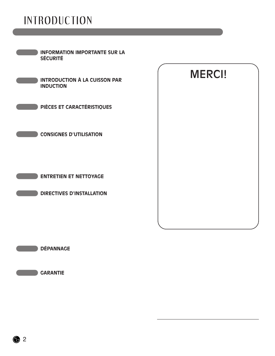 Introduction, Merci | LG LCE30845 User Manual | Page 62 / 92