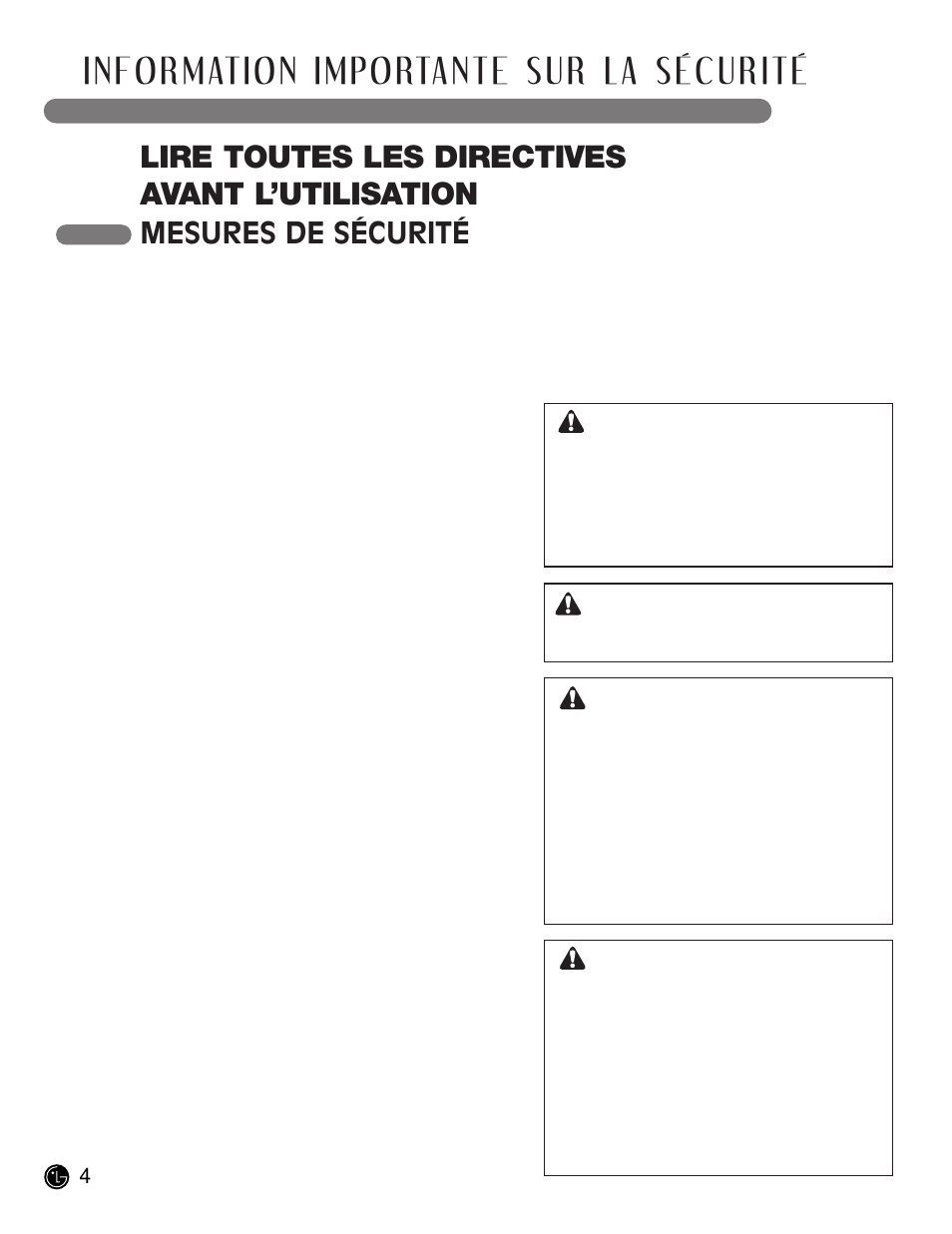 Information importante sur la s é curité, Lire toutes les directives avant l’utilisation, Mesures de sécurité | Avertissement, Avertissement mise en garde mise en garde | LG LCE30845 User Manual | Page 64 / 92