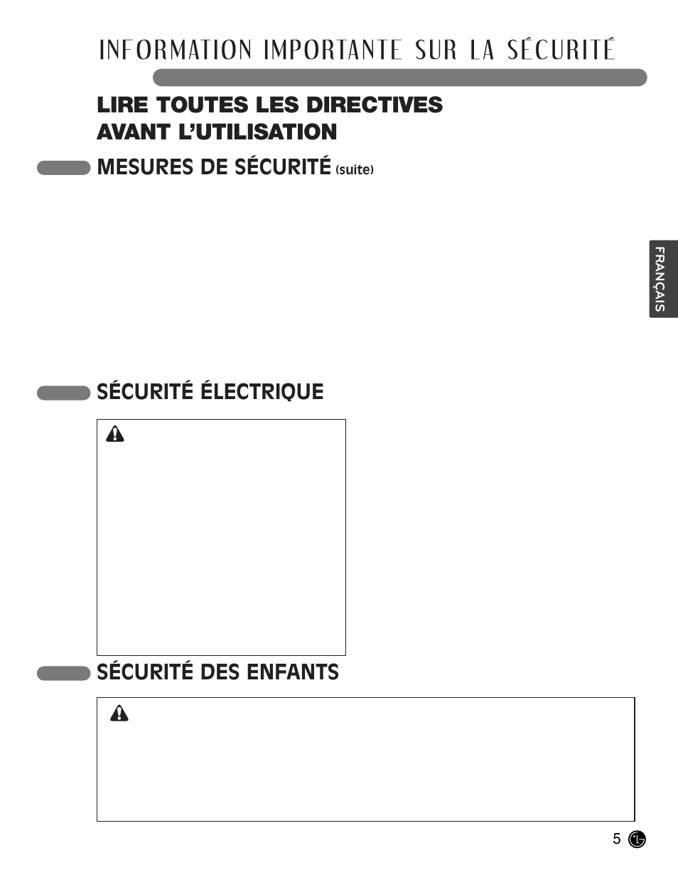 Information importante sur la sé curit é, Lire toutes les directives avant l’utilisation, Sécurité électrique | Mesures de sécurité, Sécurité des enfants, Avertissement | LG LCE30845 User Manual | Page 65 / 92