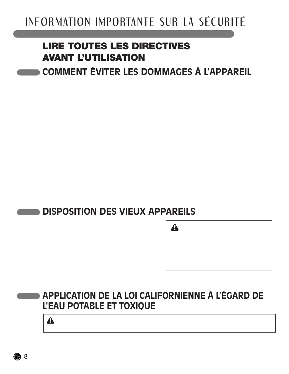 Information importante sur la s é curité, Conservez ces instructions, Lire toutes les directives avant l’utilisation | Comment éviter les dommages à l’appareil, Mise en garde avertissement | LG LCE30845 User Manual | Page 68 / 92