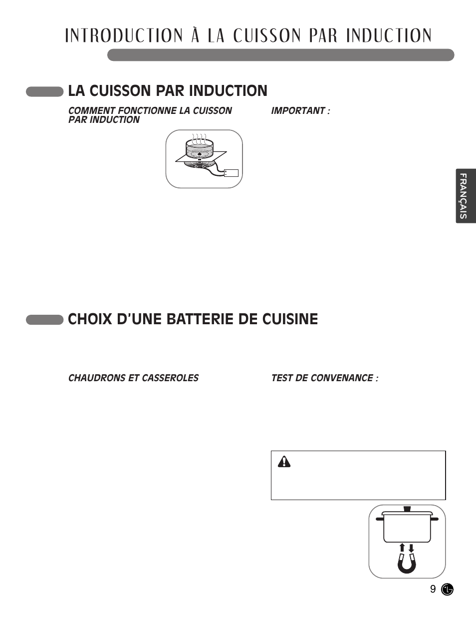 Introduction à la cuisson par induction, La cuisson par induction, Choix d’une batterie de cuisine | Mise en garde | LG LCE30845 User Manual | Page 69 / 92