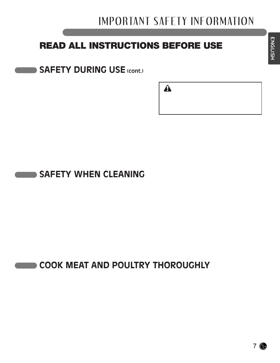 Important safety information, Read all instructions before use, Cook meat and poultry thoroughly | Safety during use, Safety when cleaning caution | LG LCE30845 User Manual | Page 7 / 92