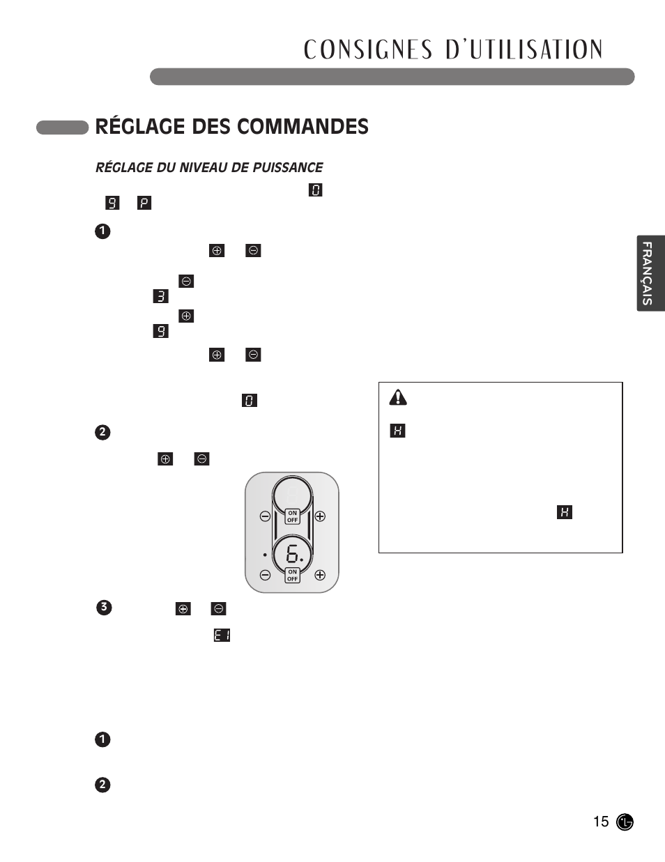 Réglage des commandes, Avertissement | LG LCE30845 User Manual | Page 75 / 92