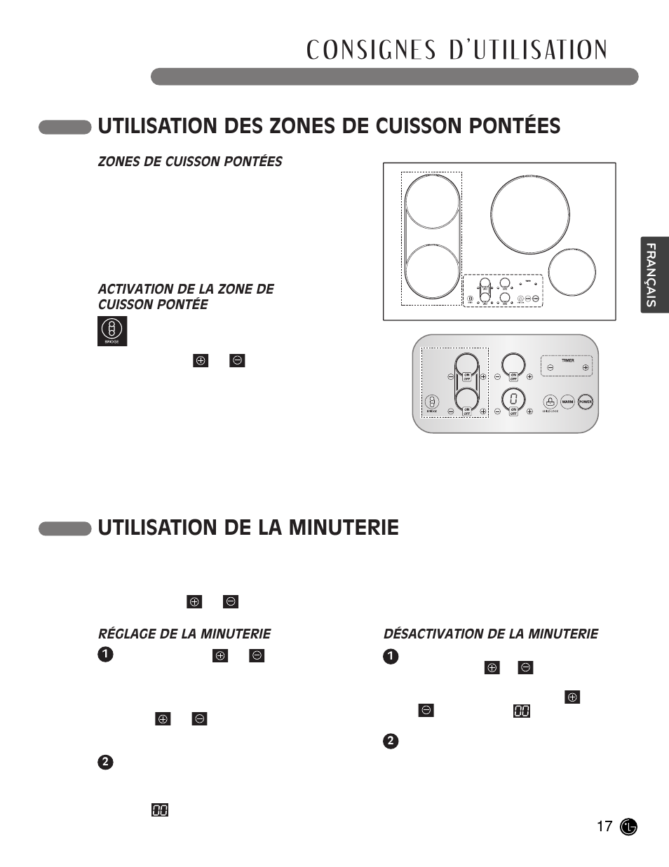 Utilisation des zones de cuisson pontées, Utilisation de la minuterie | LG LCE30845 User Manual | Page 77 / 92
