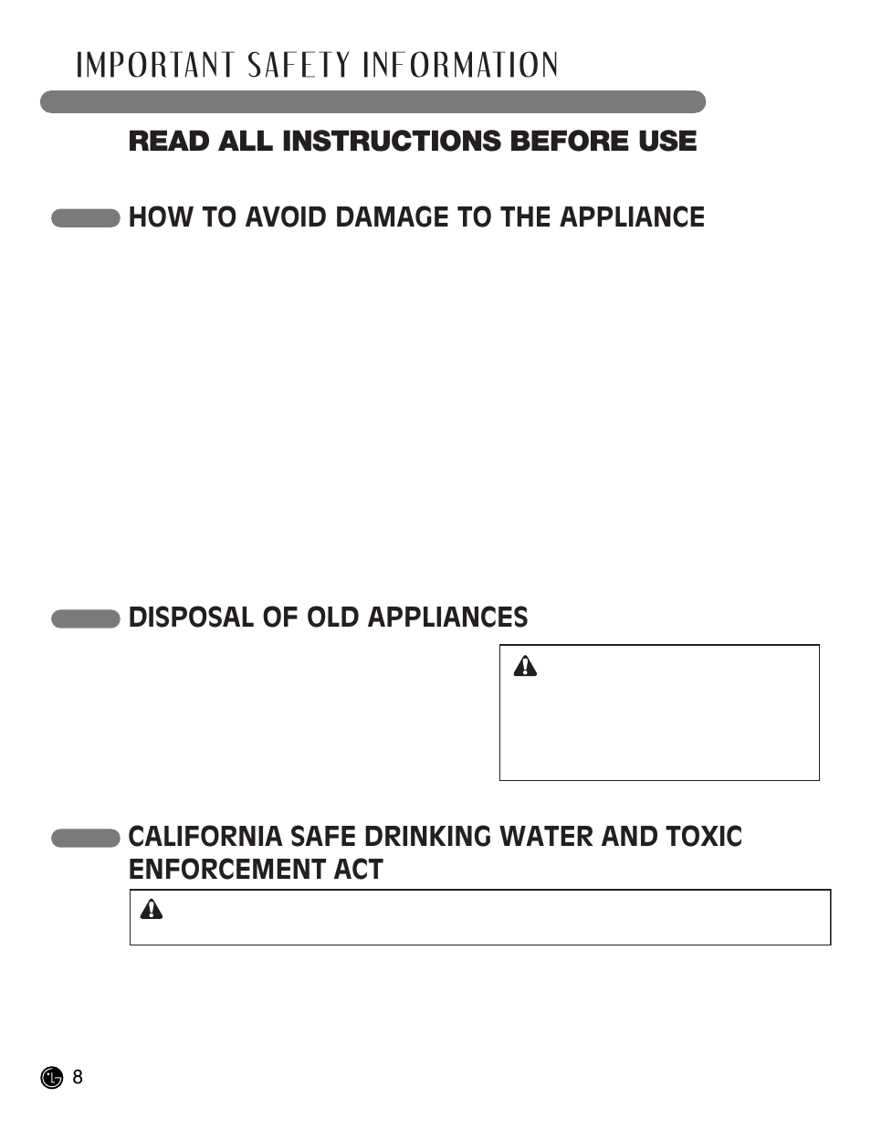 Important safety information, Read all instructions before use, Save these instructions | How to avoid damage to the appliance, Caution warning, Read and follow this safety information carefully | LG LCE30845 User Manual | Page 8 / 92