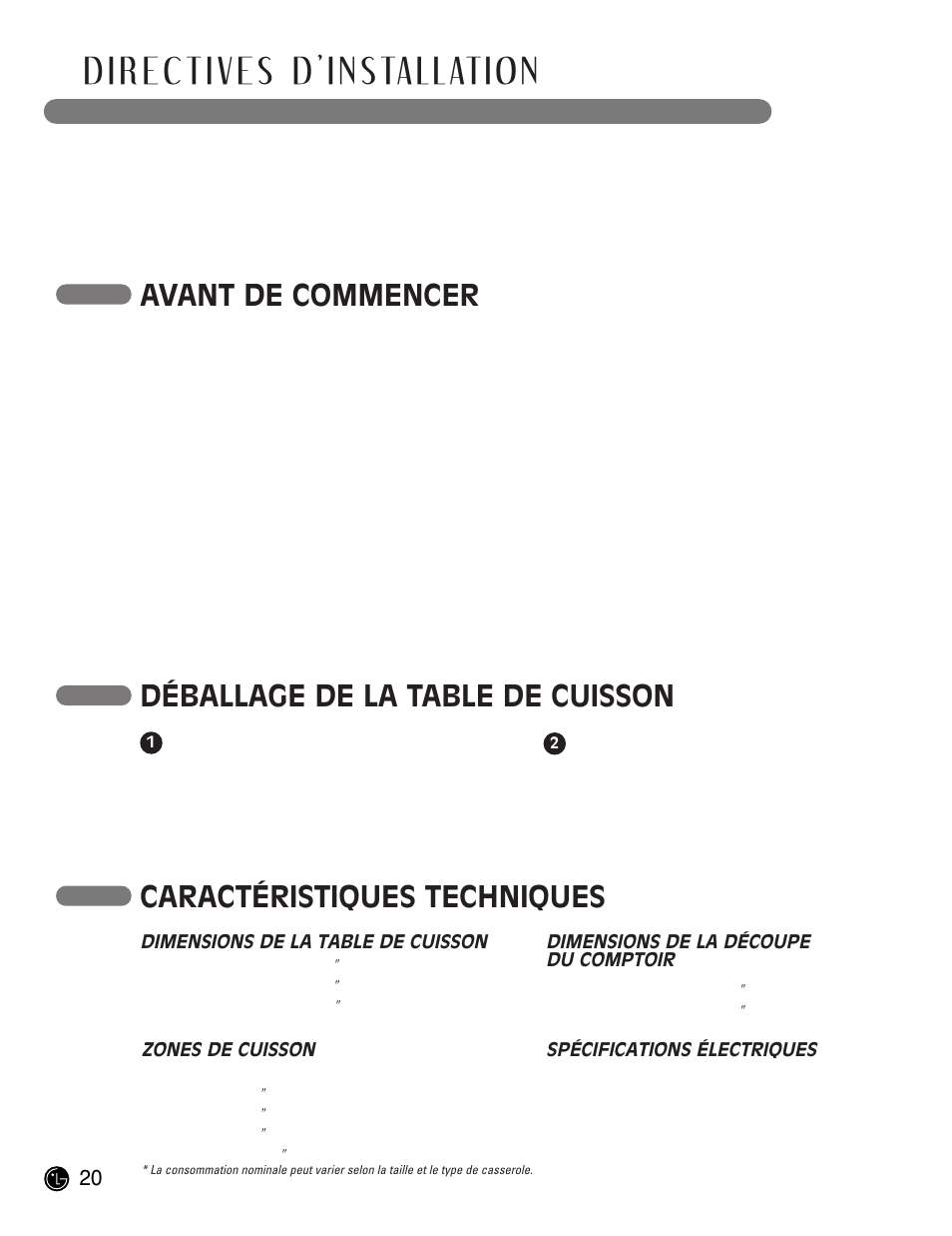 Avant de commencer caractéristiques techniques, Déballage de la table de cuisson, Dimensions de la table de cuisson | Dimensions de la découpe du comptoir, Zones de cuisson, Spécifications électriques | LG LCE30845 User Manual | Page 80 / 92