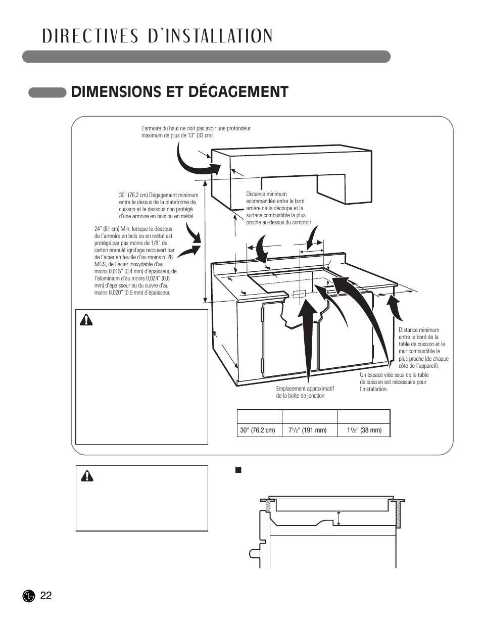 Dimensions et dégagement, Mise en garde, Jf g i | Lm h k | LG LCE30845 User Manual | Page 82 / 92