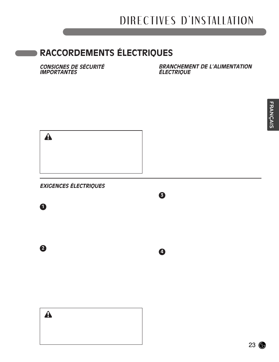 Raccordements électriques, Avertissement | LG LCE30845 User Manual | Page 83 / 92