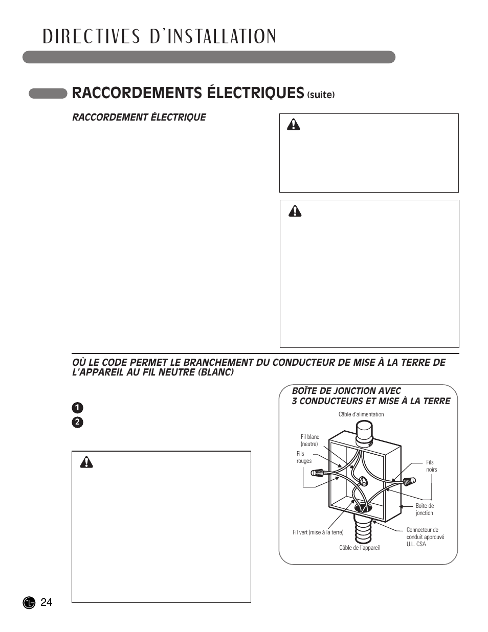 Raccordements électriques, Avertissement | LG LCE30845 User Manual | Page 84 / 92