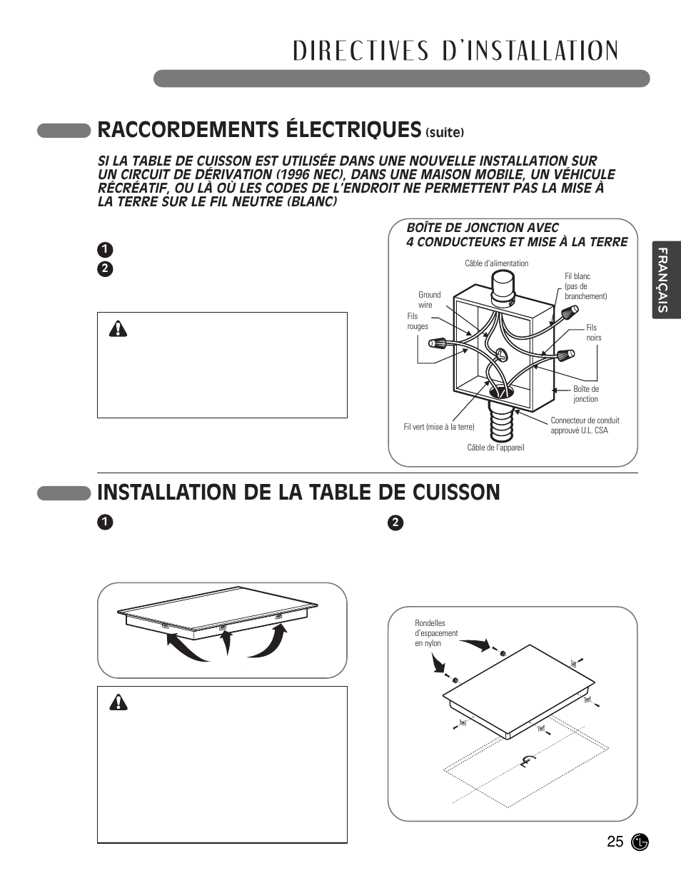 Raccordements électriques, Avertissement, Installation de la table de cuisson | LG LCE30845 User Manual | Page 85 / 92