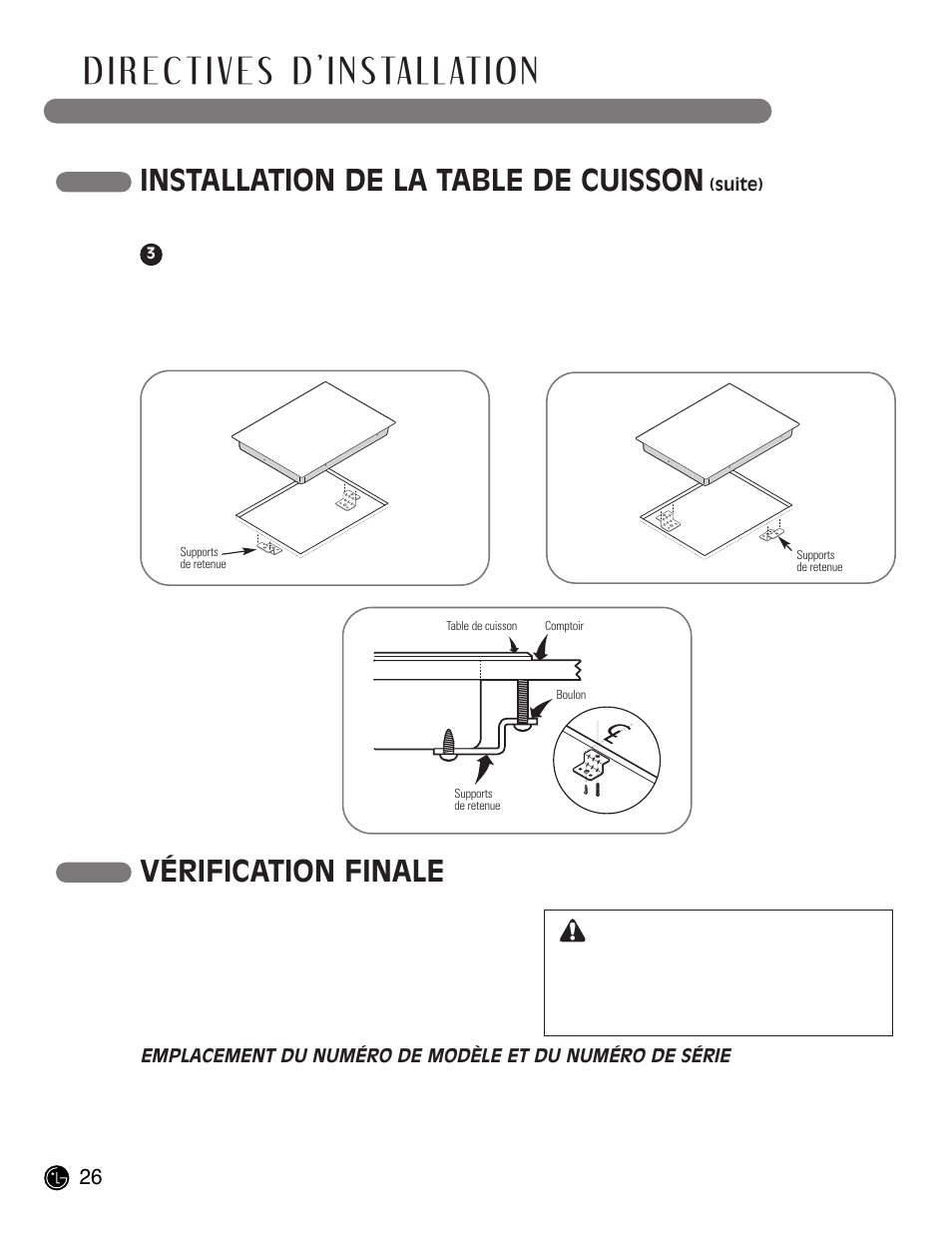 Installation de la table de cuisson, Vérification finale, Mise en garde | LG LCE30845 User Manual | Page 86 / 92