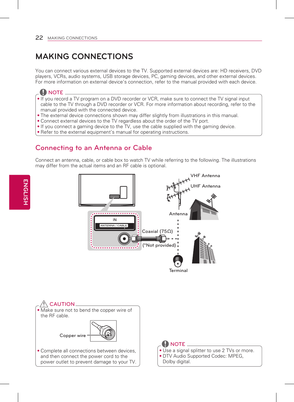 Making connections, Connecting to an antenna or cable | LG 65UB9300 User Manual | Page 22 / 40