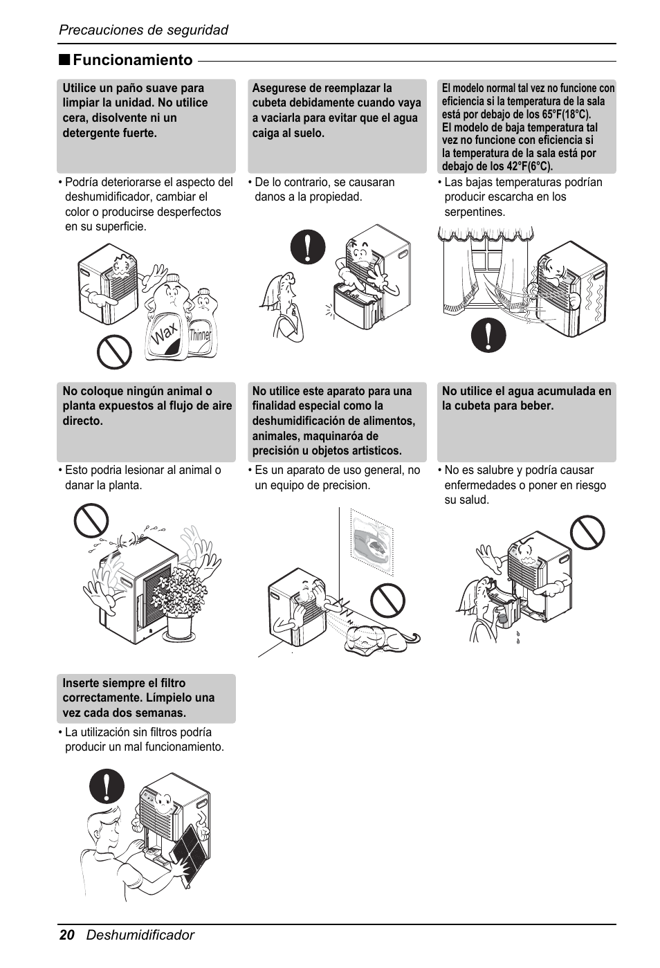 Funcionamiento, Thinner, 20 deshumidificador precauciones de seguridad | LG LD651EBL User Manual | Page 20 / 32