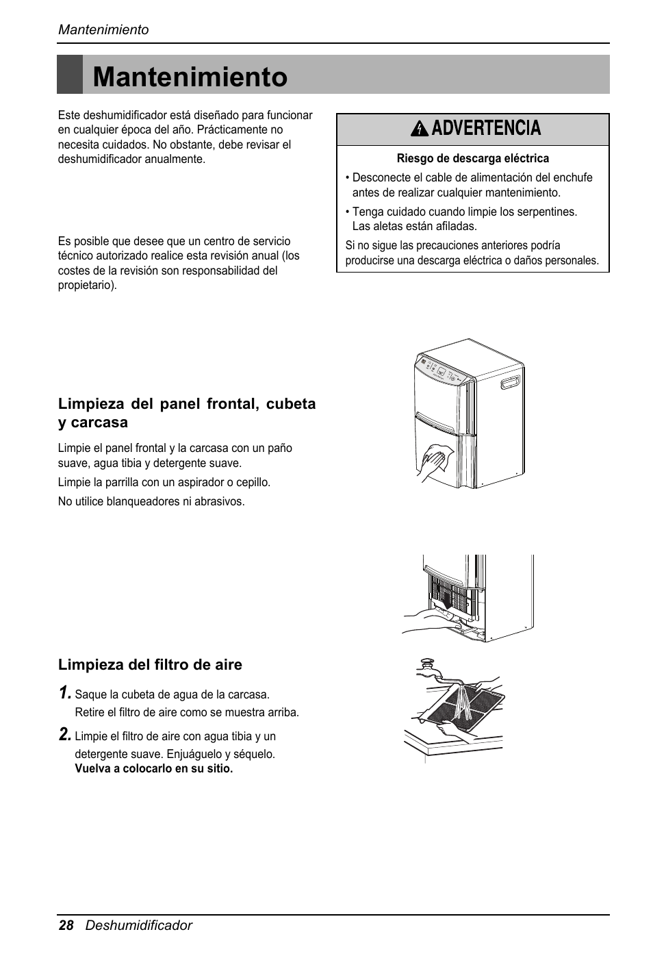 Mantenimiento, Limpieza del panel frontal, cubeta y carcasa, Limpieza del filtro de aire | LG LD651EBL User Manual | Page 28 / 32