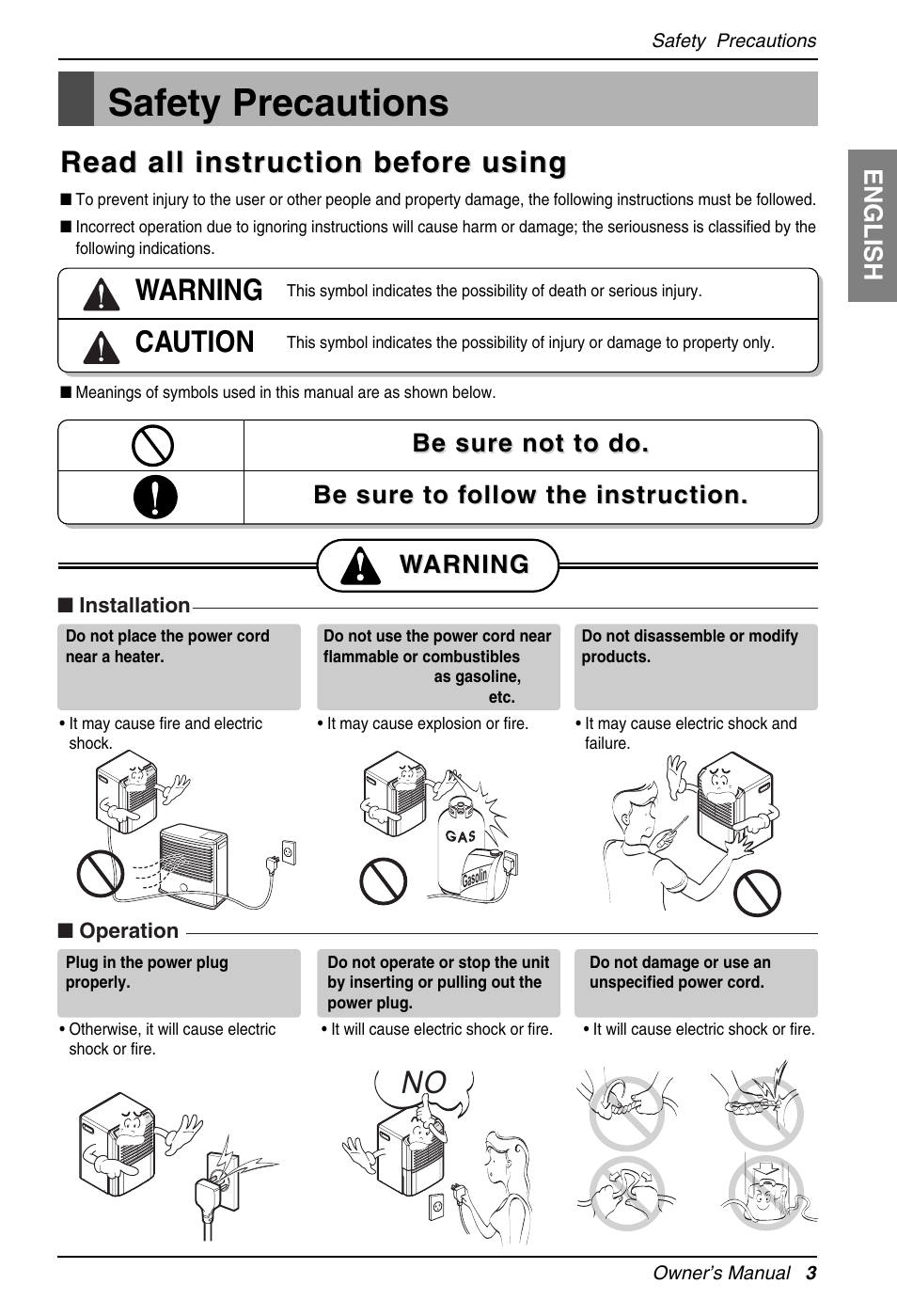 Safety precautions, Read all instruction bef, Read all instruction bef ore using ore using | Warning, Caution, English, Be sure not to do | LG LD651EBL User Manual | Page 3 / 32