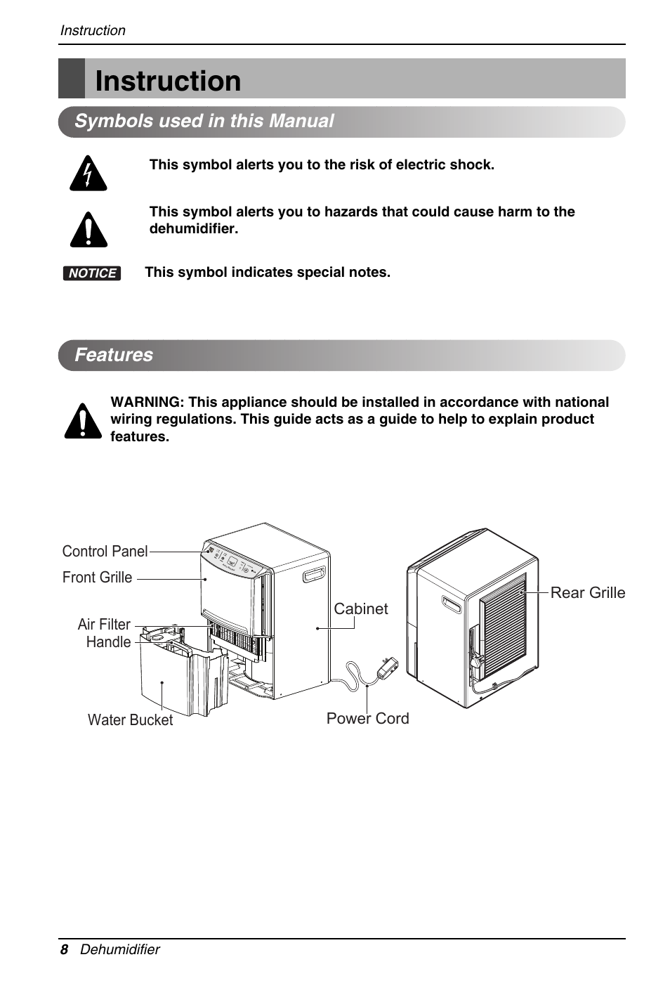 Instruction, Features symbols used in this manual | LG LD651EBL User Manual | Page 8 / 32