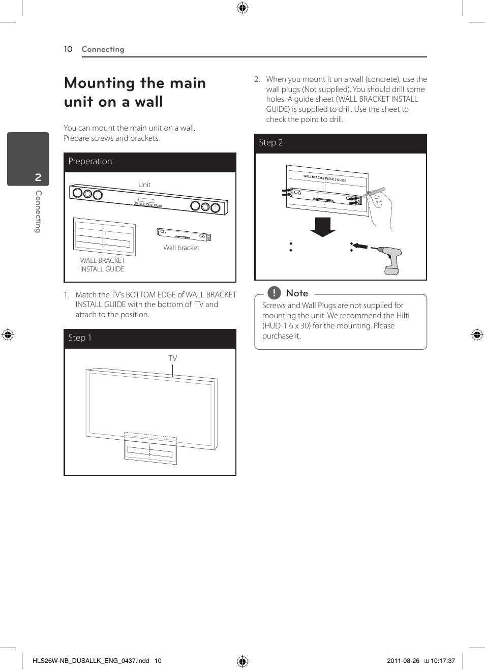 Mounting the main unit on a wall | LG LSB306 User Manual | Page 10 / 26