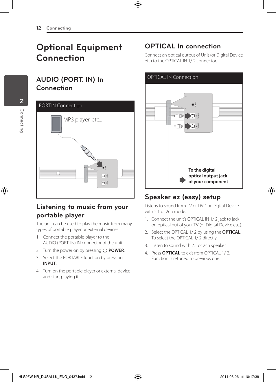 Optional equipment connection, Audio (port. in) in connection, Listening to music from your portable player | Optical in connection, Speaker ez (easy) setup | LG LSB306 User Manual | Page 12 / 26
