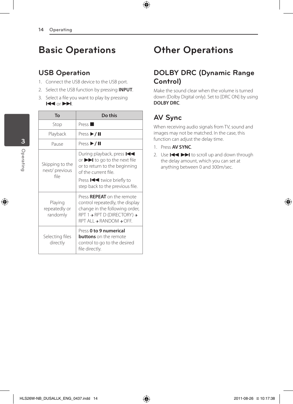 Basic operations, Other operations, Usb operation | Dolby drc (dynamic range control), Av sync | LG LSB306 User Manual | Page 14 / 26