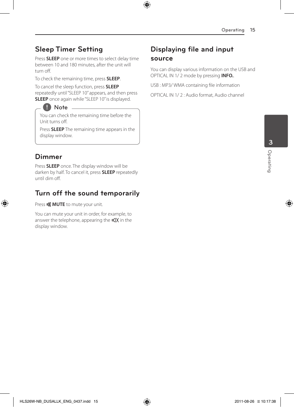 Sleep timer setting, Dimmer, Turn off the sound temporarily | Displaying file and input source | LG LSB306 User Manual | Page 15 / 26