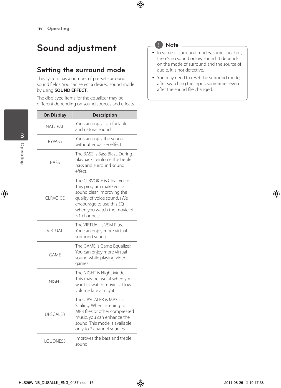 Sound adjustment, Setting the surround mode | LG LSB306 User Manual | Page 16 / 26