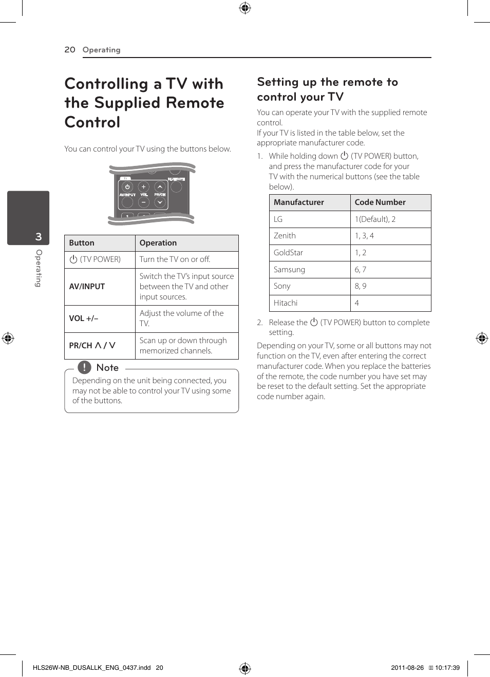 Controlling a tv with the supplied remote control, Setting up the remote to control your tv | LG LSB306 User Manual | Page 20 / 26