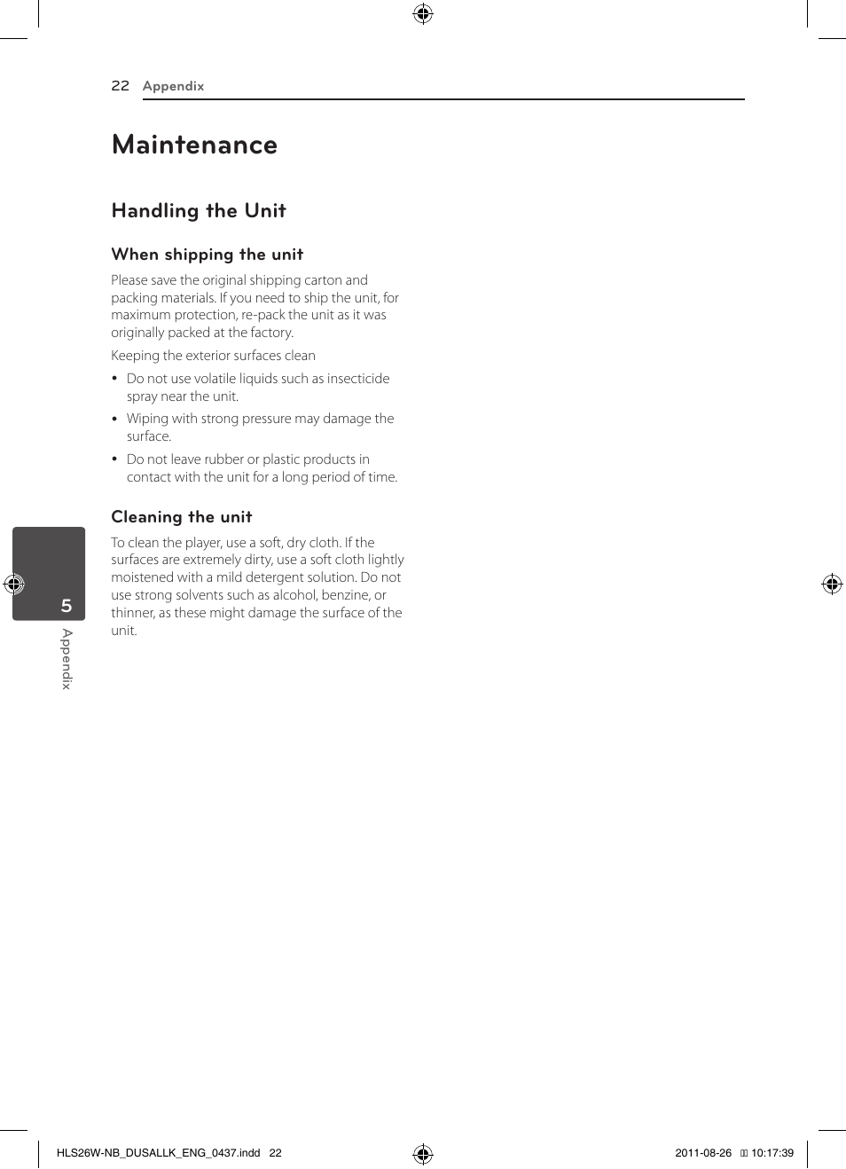 Maintenance, Handling the unit | LG LSB306 User Manual | Page 22 / 26