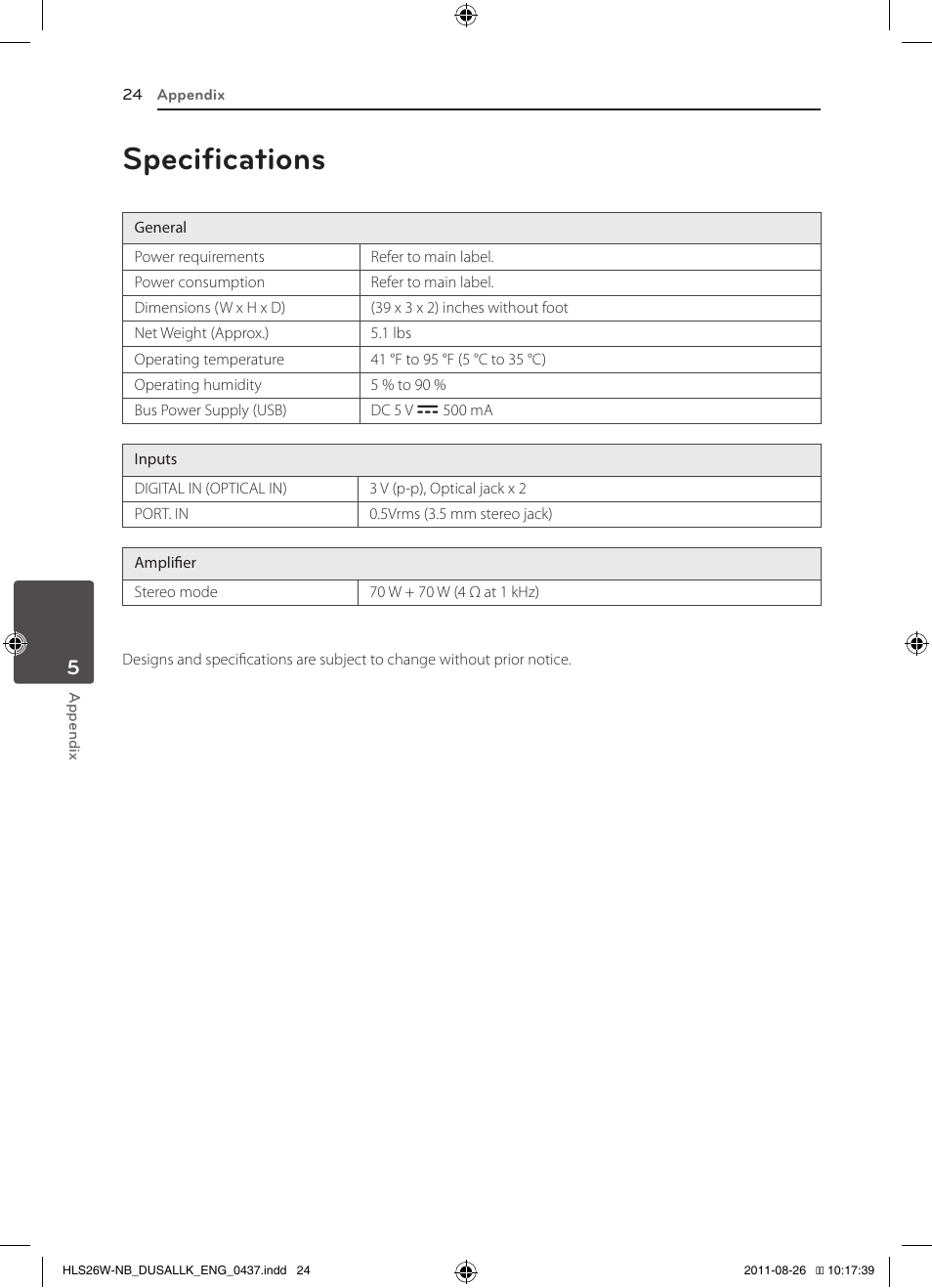 Specifications, Warranty | LG LSB306 User Manual | Page 24 / 26