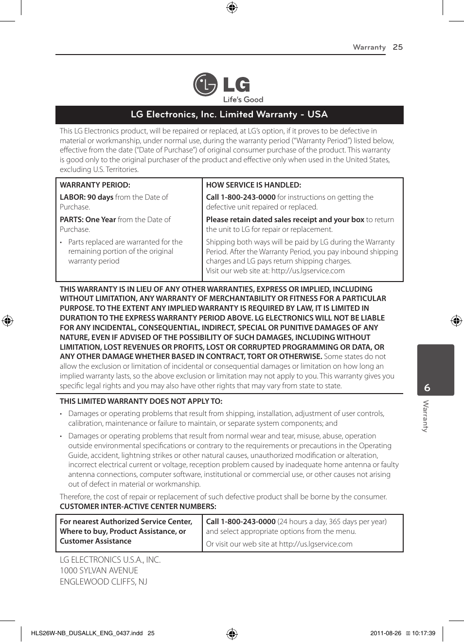 Warranty | LG LSB306 User Manual | Page 25 / 26