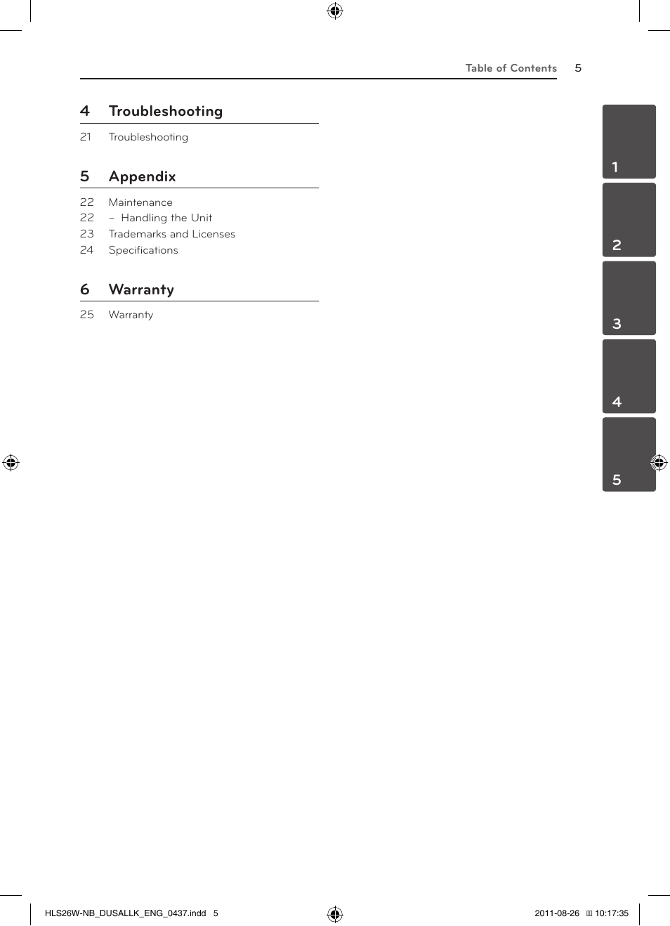 4 troubleshooting, 5 appendix, 6 warranty | LG LSB306 User Manual | Page 5 / 26