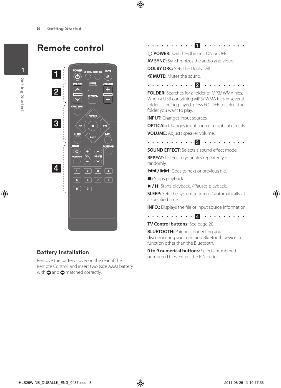 Remote control | LG LSB306 User Manual | Page 8 / 26