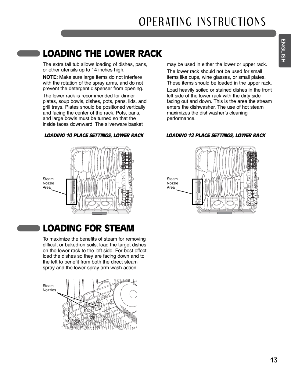 Loading the lower rack, Loading for steam | LG LSDF795ST User Manual | Page 13 / 72