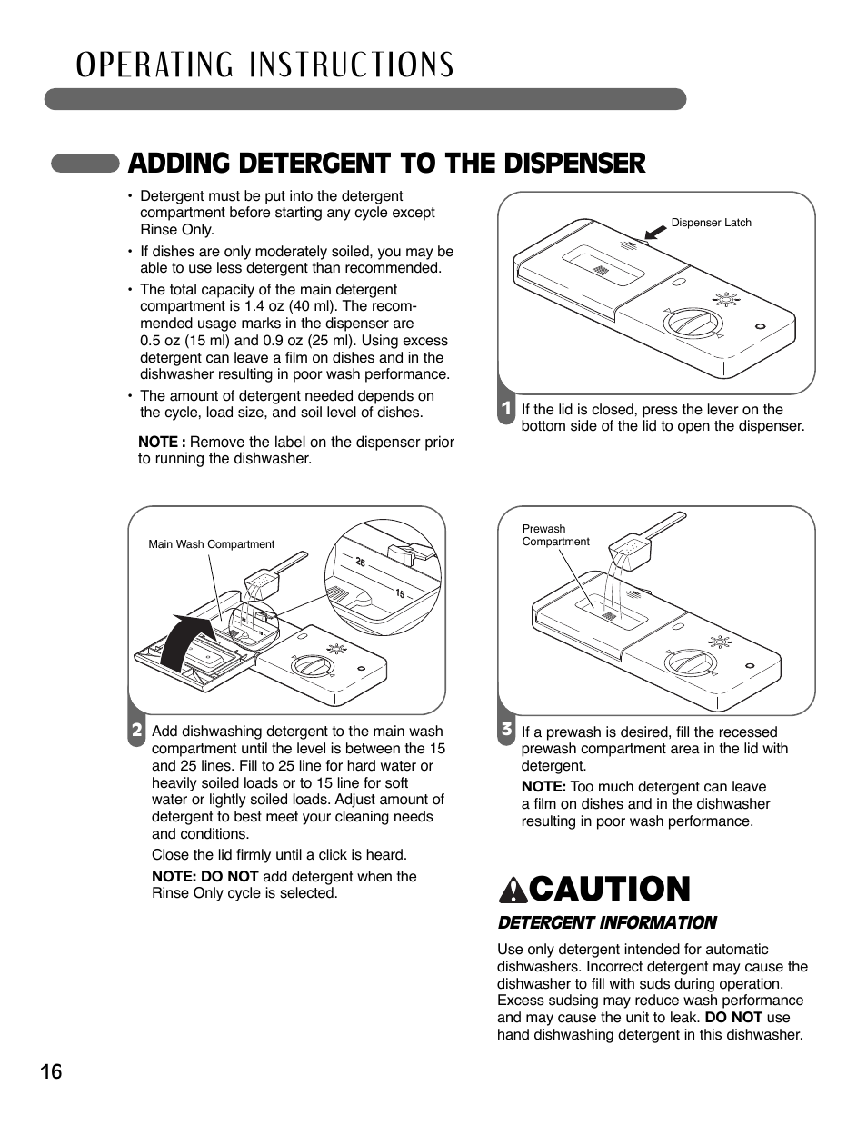 Caution, Adding detergent to the dispenser | LG LSDF795ST User Manual | Page 16 / 72