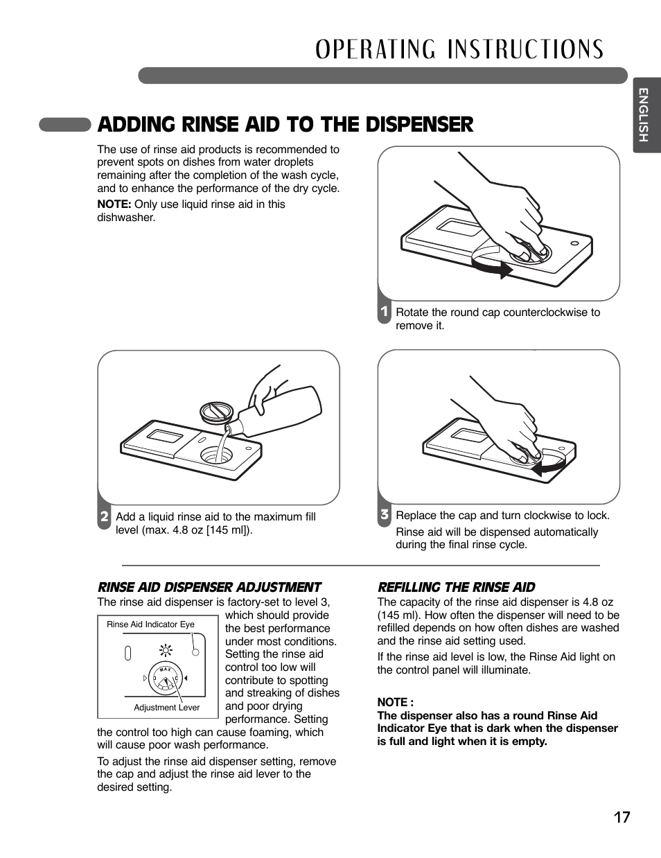 Adding rinse aid to the dispenser | LG LSDF795ST User Manual | Page 17 / 72