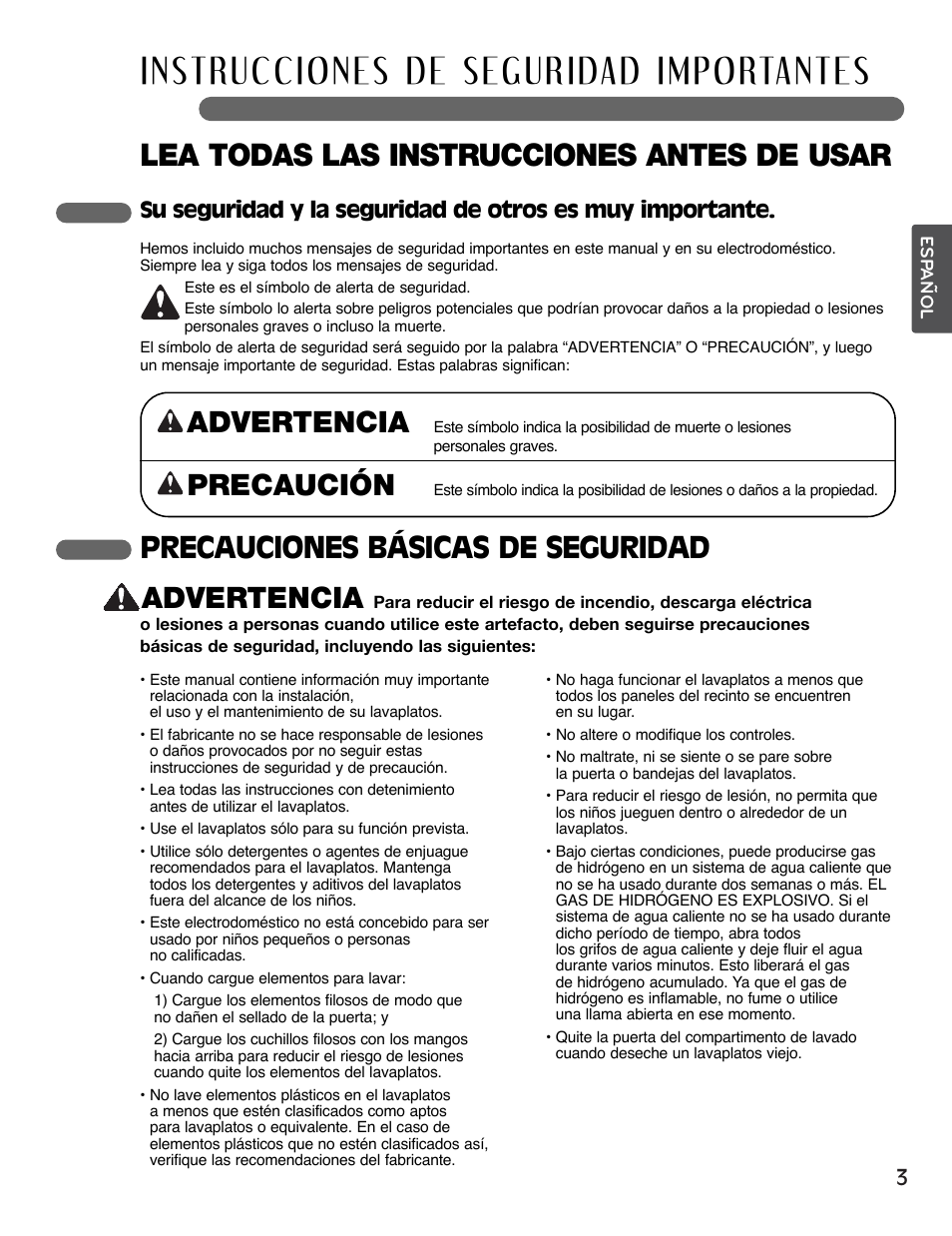 Lea todas las instrucciones antes de usar, Advertencia, Precauciones básicas de seguridad advertencia | Precaución | LG LSDF795ST User Manual | Page 27 / 72