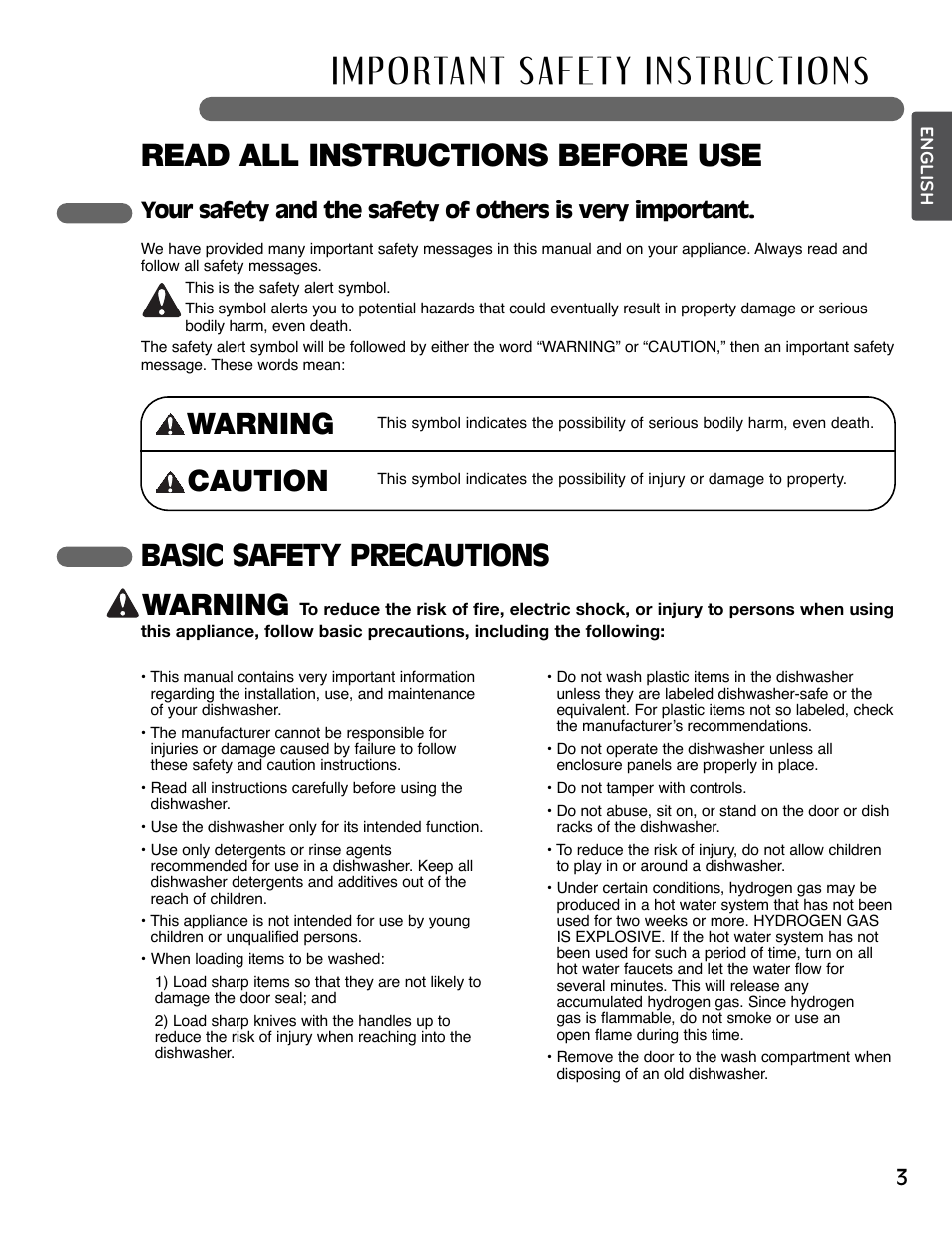Read all instructions before use, Warning, Basic safety precautions warning | Caution | LG LSDF795ST User Manual | Page 3 / 72