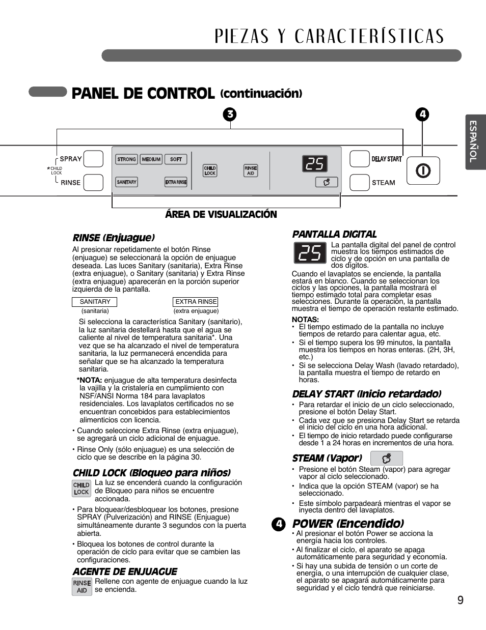 Panel de control, Power (encendido), Continuación) | Rinse (enjuague), Child lock (bloqueo para niños), Agente de enjuague, Pantalla digital, Delay start (inicio retardado), Steam (vapor) | LG LSDF795ST User Manual | Page 33 / 72