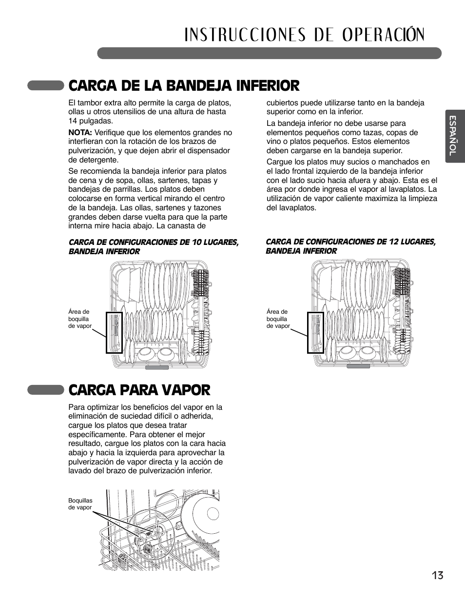 Carga de la bandeja inferior, Carga para vapor | LG LSDF795ST User Manual | Page 37 / 72