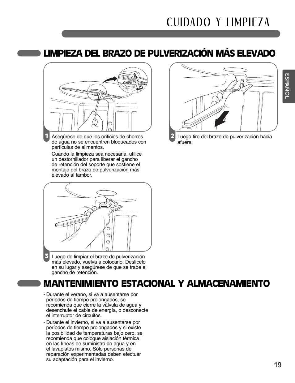 Mantenimiento estacional y almacenamiento, Limpieza del brazo de pulverización más elevado | LG LSDF795ST User Manual | Page 43 / 72